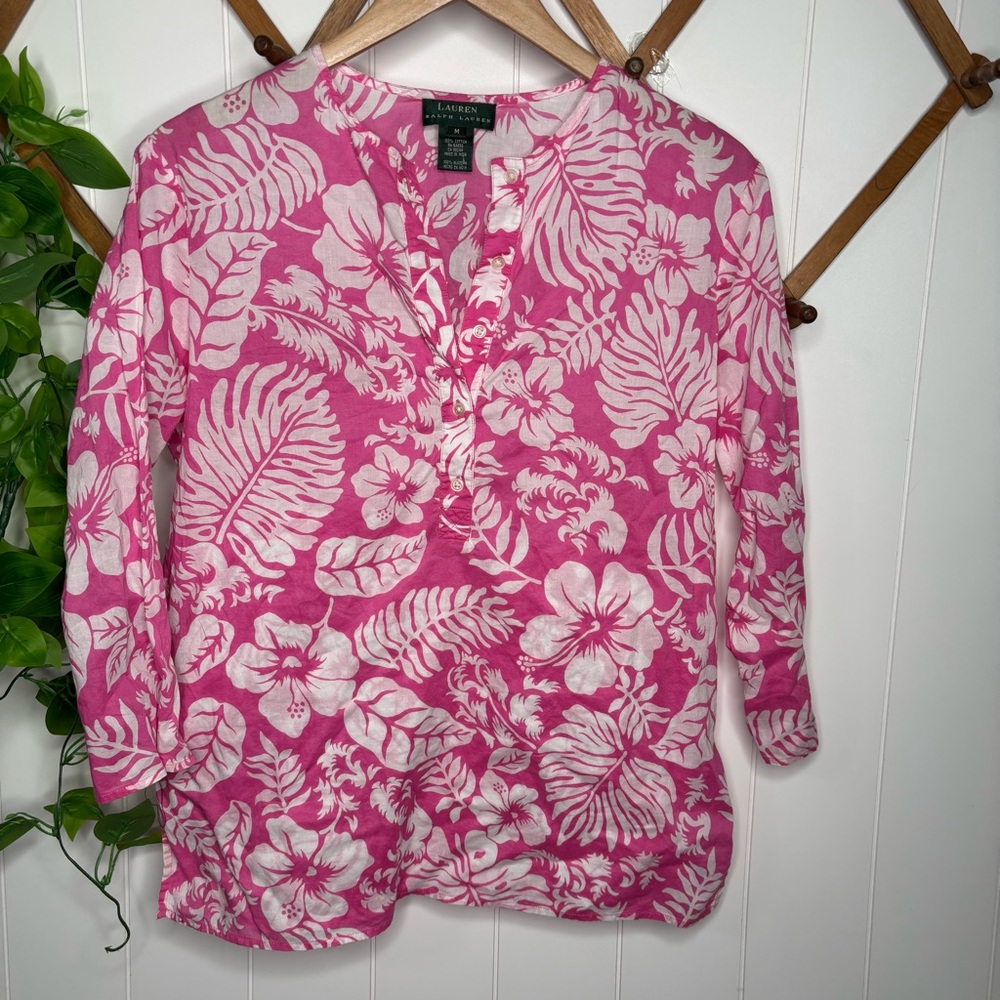 LRL Ralph Lauren Top Womens Med Pink White Floral Lightweight Cotton 1/2 Button